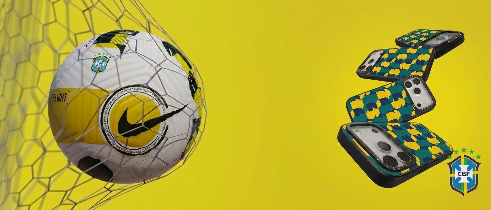 A Nike soccer ball with Brazil colors is shown on a soccer net against a bright yellow background, alongside three smartphone cases featuring a green and yellow patterned design with a Brazil crest.